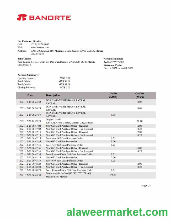 Mexico Banorte bank statement